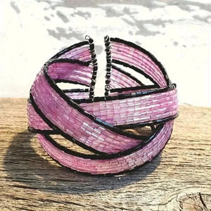 Pink Black Vintage Y2K 90s Striped Pretzel Memory Wire Cuff Bracelet Barbie Core